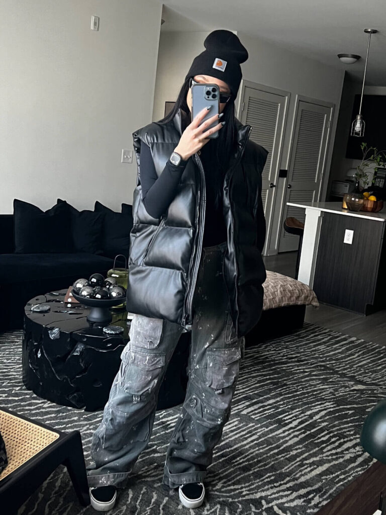 Baggy Camo Cargo Pants + Oversized Leather Puffer Vest