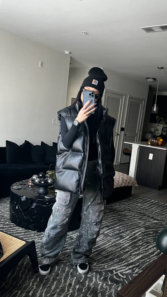 Baggy Camo Cargo Pants + Oversized Leather Puffer Vest